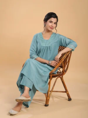 Sage Muslin Yoke Embroidery A-Line Kurta Set