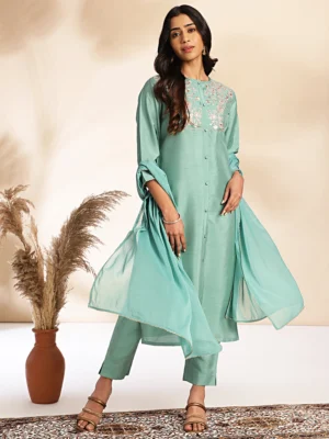 Sage Green Crepe Silk Yoke Embroidery Straight Kurta Set