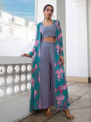Turquoise Georgette Chevron 3 Piece Jacket Set