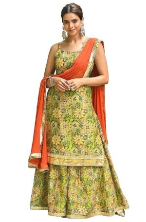 Green Cotton Floral Block Print Kurta with Palazzo and Dupatta