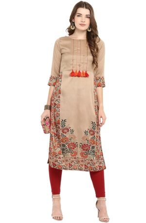 Beige Poly Silk Floral Print Straight Kurta