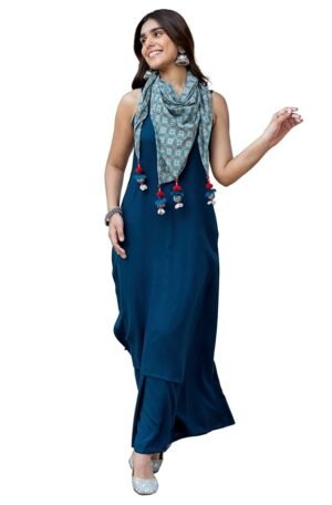 Teal Blue Rayon Solid Kurta with Palazzo and Scarf