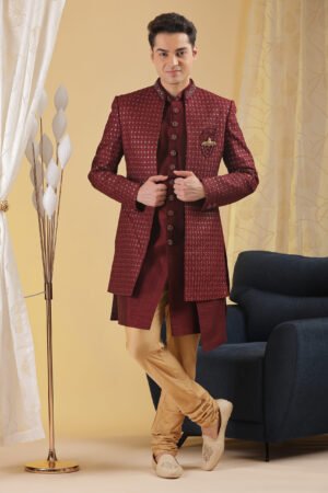 Regal Maroon Geometric Weave Indo-Western Sherwani Set