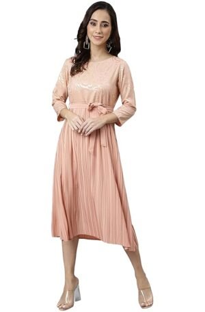 Peach Poly Crepe Botanical Print Flared Kurta