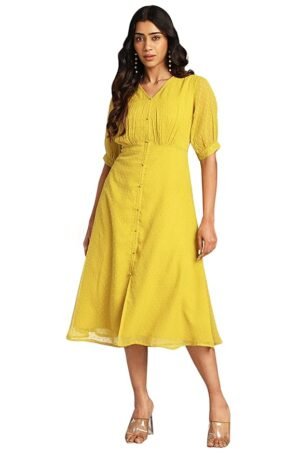 Mustard Dobby Chiffon Woven Design A-Line Dress