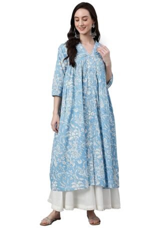 Sky Blue Cotton Floral Print Flared Kurta