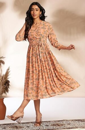 Peach Georgette Floral Fit & Flare Dress