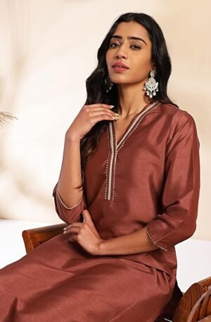 Brown Crepe Silk Yoke Design Straight Kurta Set