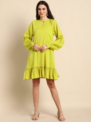 Mustard Cotton Solid Drop-Waist Western Dress